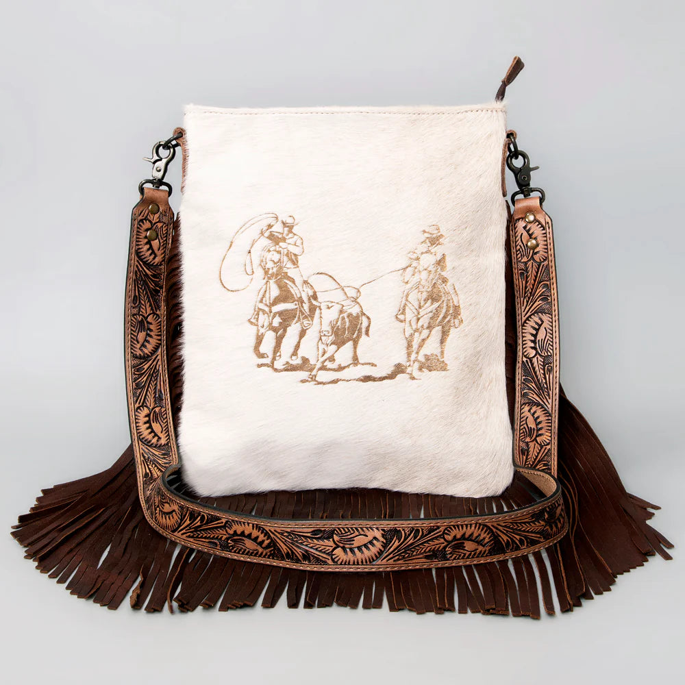 Cowhide Large Crossbody Bag W/Tooled & Fringe