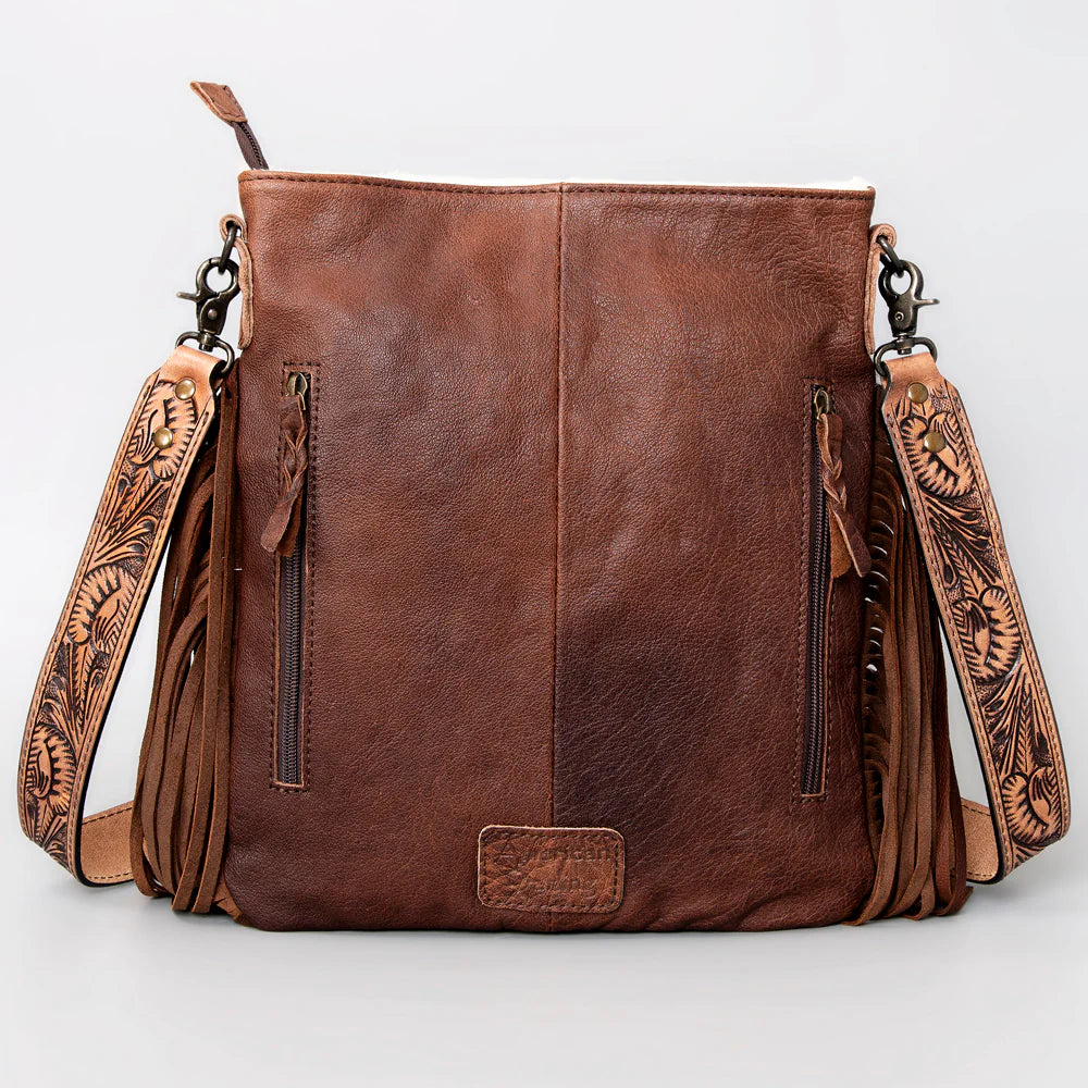 Cowhide Large Crossbody Bag W/Tooled & Fringe