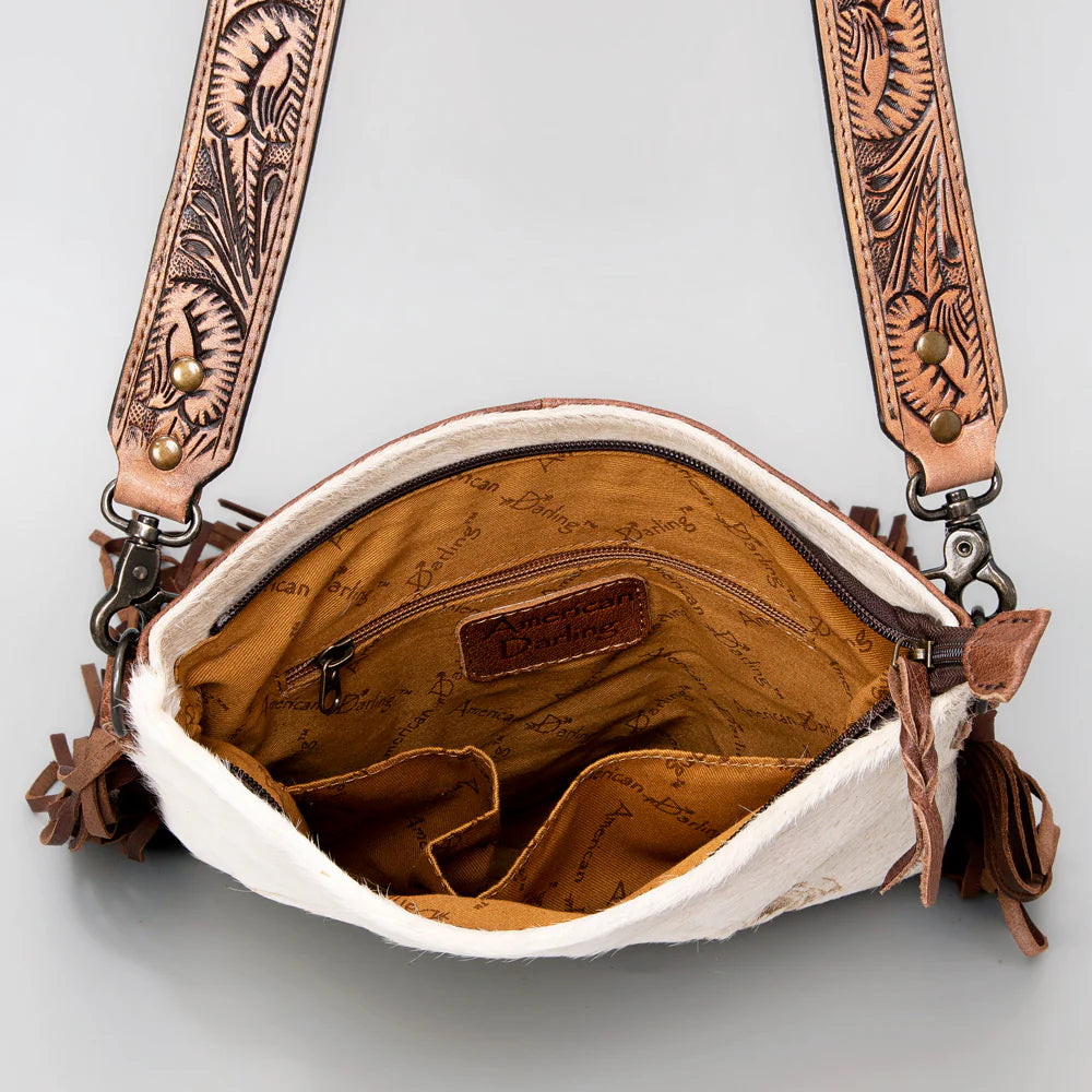 Cowhide Large Crossbody Bag W/Tooled & Fringe