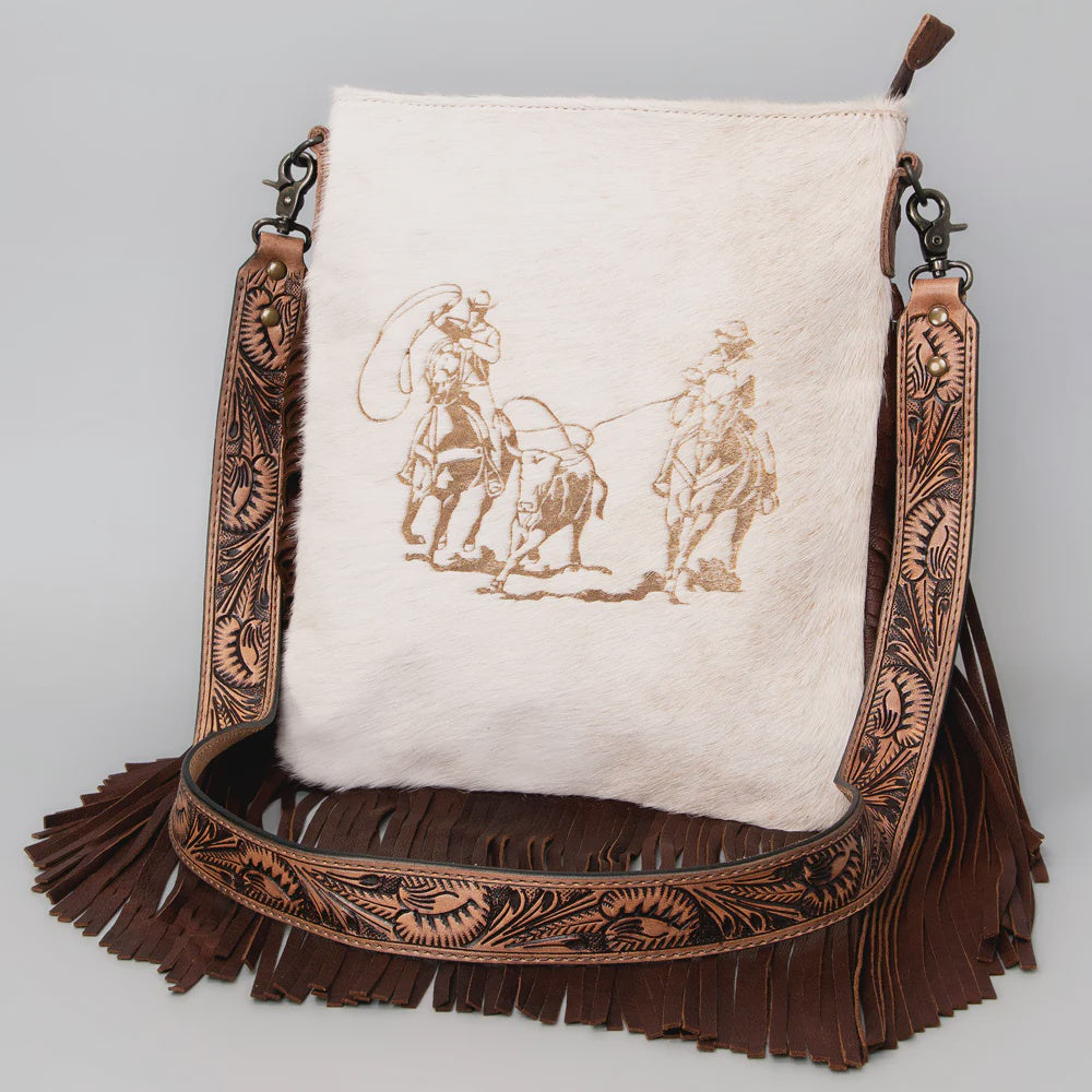 Cowhide Large Crossbody Bag W/Tooled & Fringe