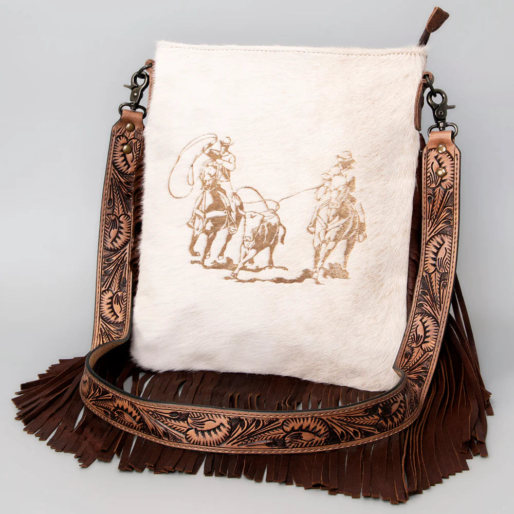 Cowhide Large Crossbody Bag W/Tooled & Fringe