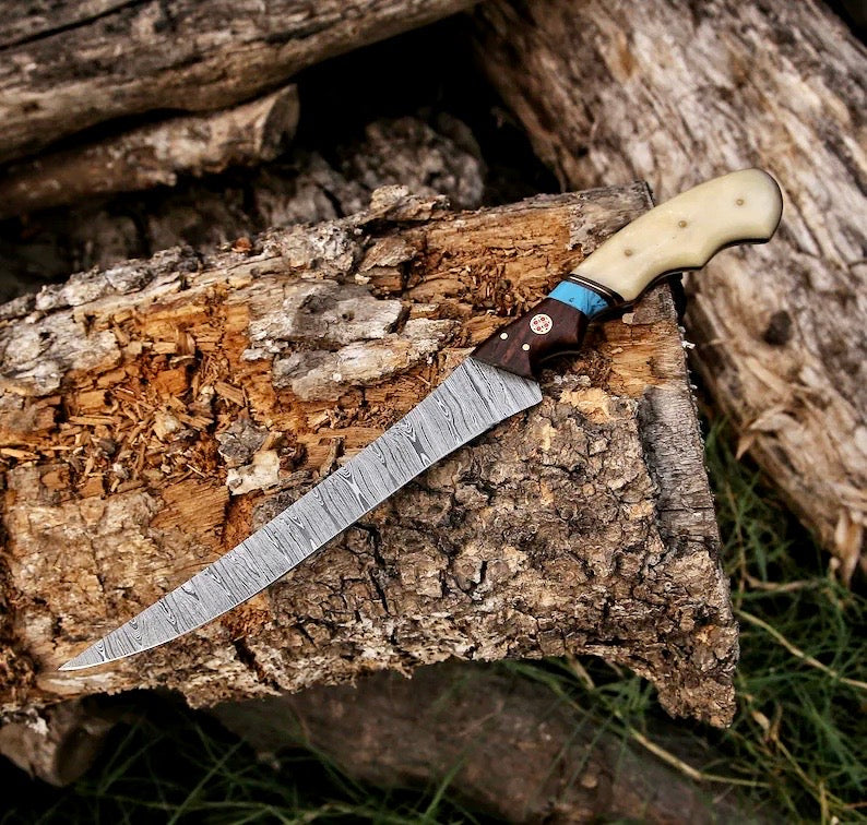 Fishing Fillet & Boning Knife – 13" Damascus Steel with Camel Bone & Rosewood Handle + Leather Sheath