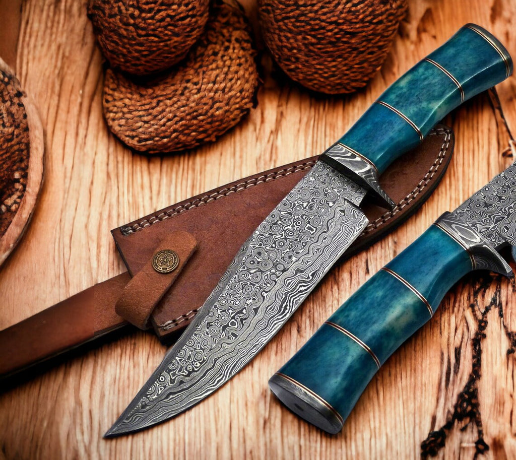 Custom Handmade 13" Damascus Steel Confederate Civil War Bowie Knife with Camel Bone Handle and Leather Sheath