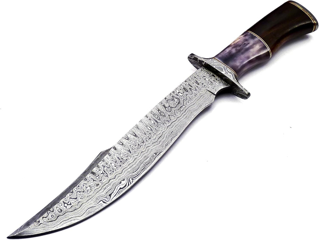Damascus Steel Western Brand Knives - 15" Knife with Color Bone & Buffalo Horn Handle, Leather Sheath Included