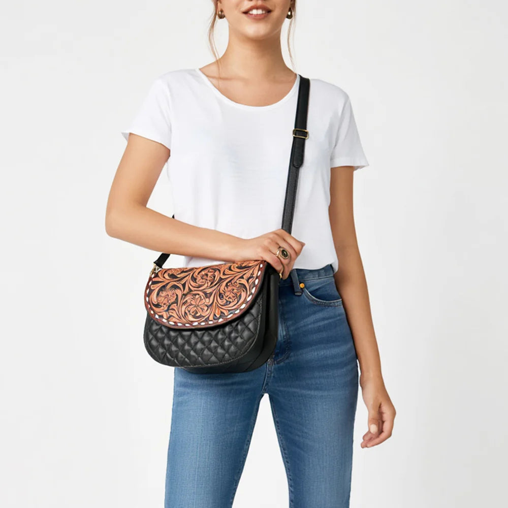 Tooled Leather Flap Quilted Black Crossbody Bag