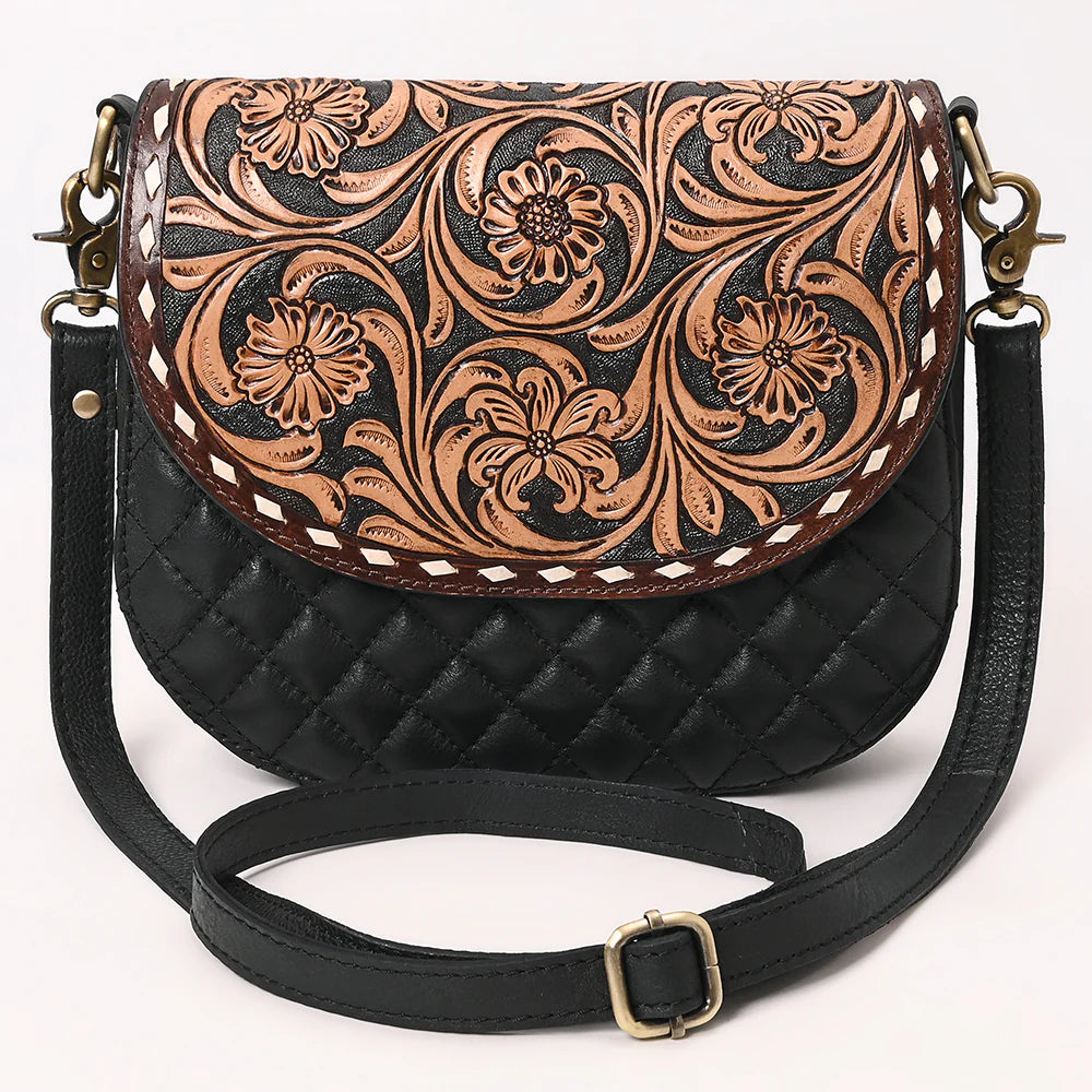 Tooled Leather Flap Quilted Black Crossbody Bag