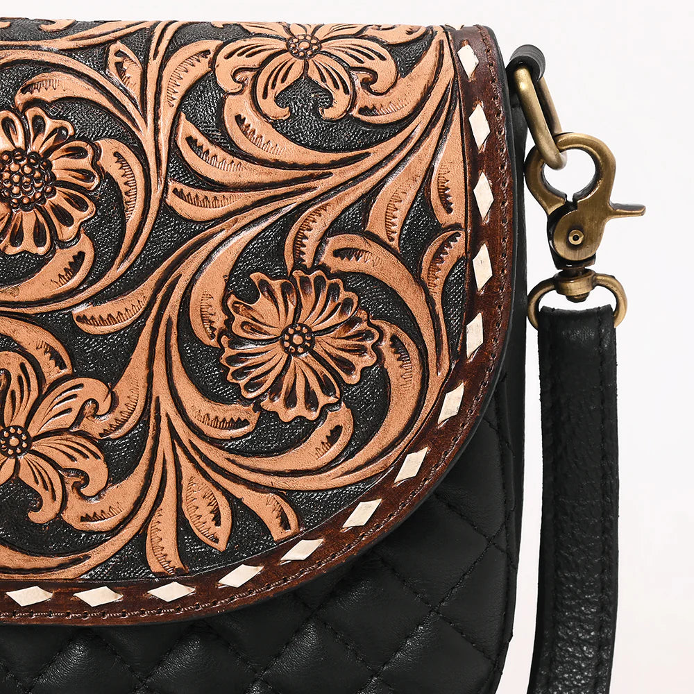Tooled Leather Flap Quilted Black Crossbody Bag