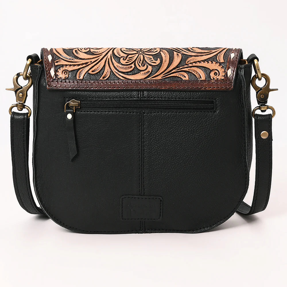 Tooled Leather Flap Quilted Black Crossbody Bag