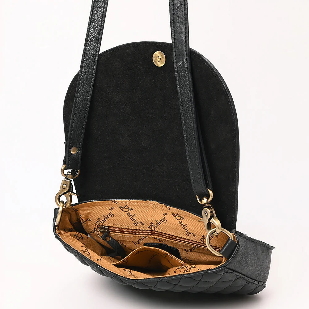 Tooled Leather Flap Quilted Black Crossbody Bag