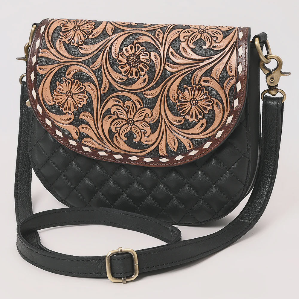 Tooled Leather Flap Quilted Black Crossbody Bag