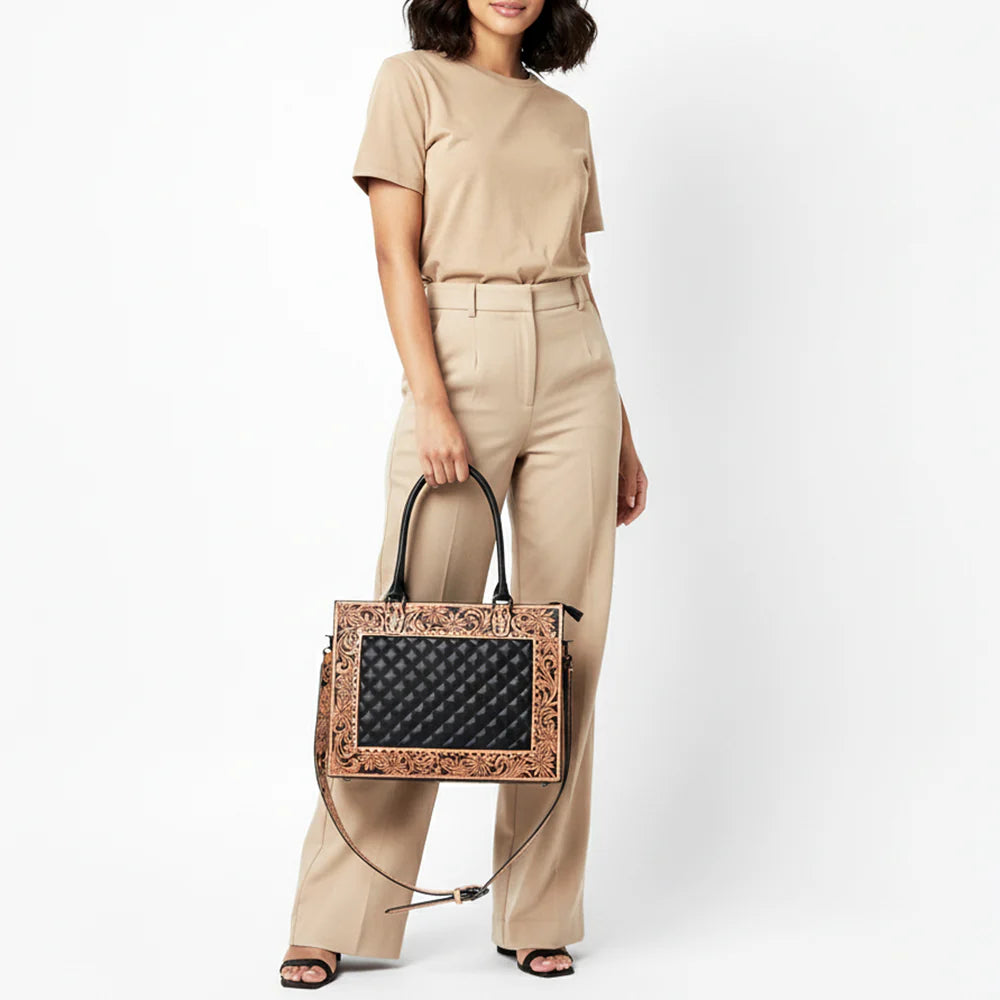 Tooled Floral Western Leather Tote Bag