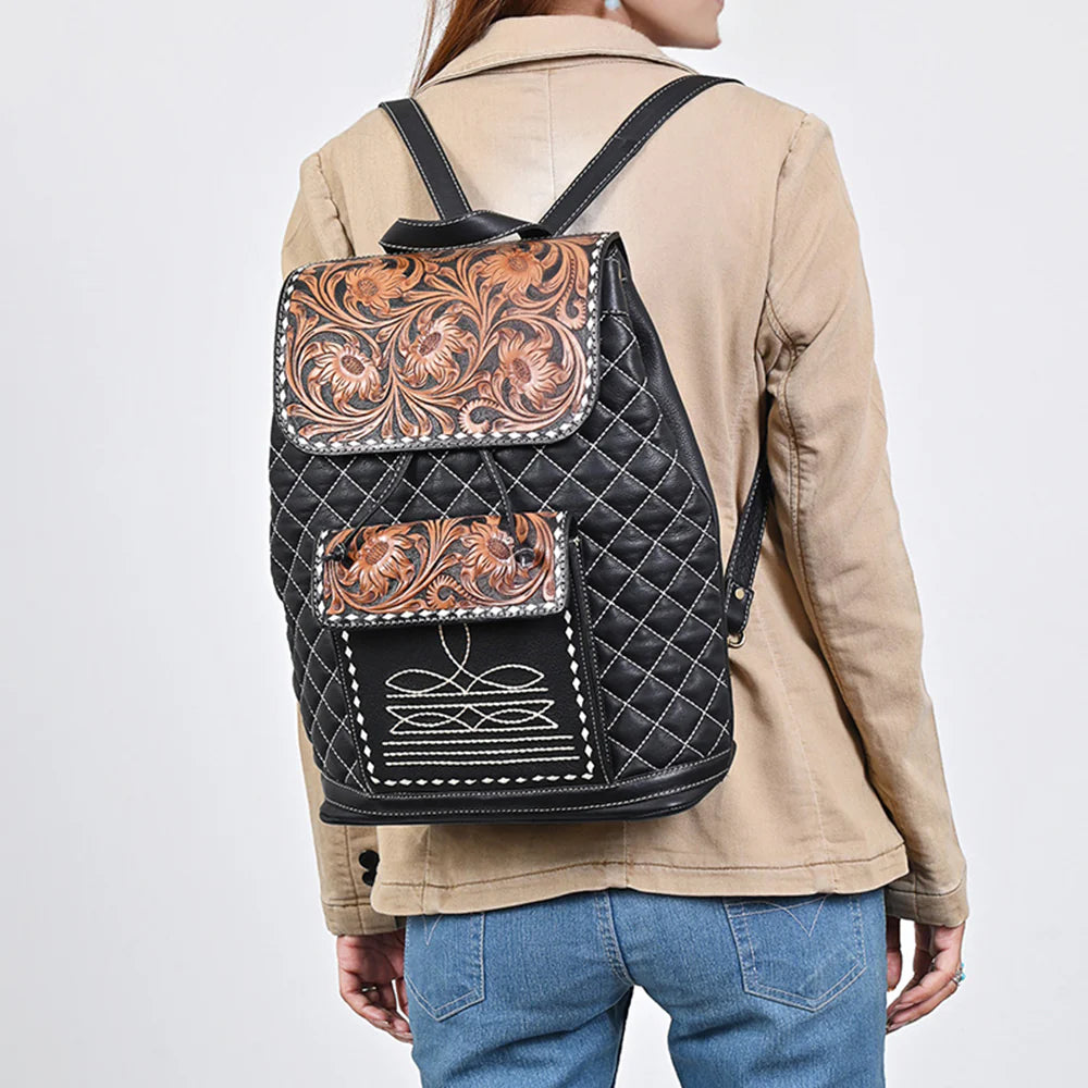 Hand Tooled Quilted Genuine Leather Backpack