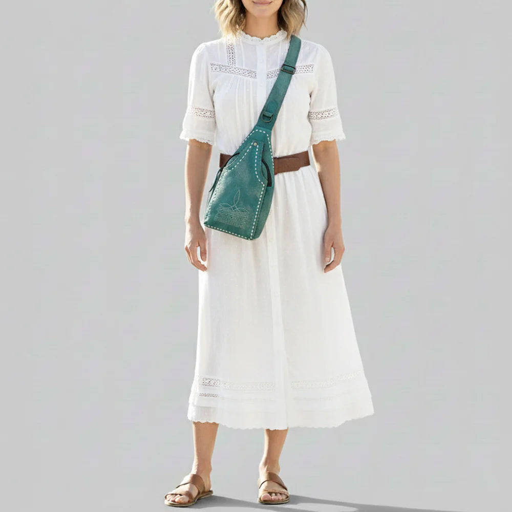 Teal Genuine Leather Western Sling Bag