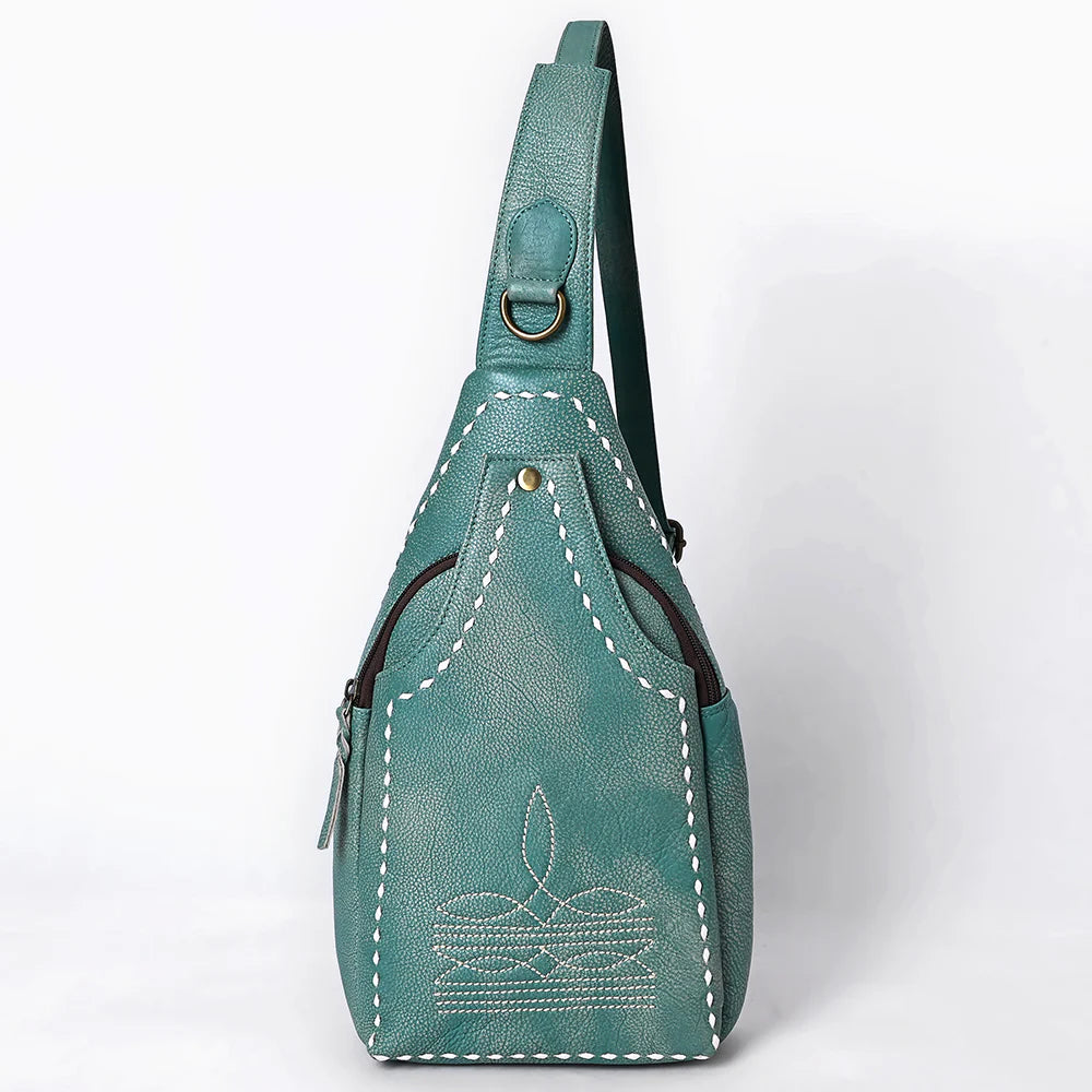 Teal Genuine Leather Western Sling Bag
