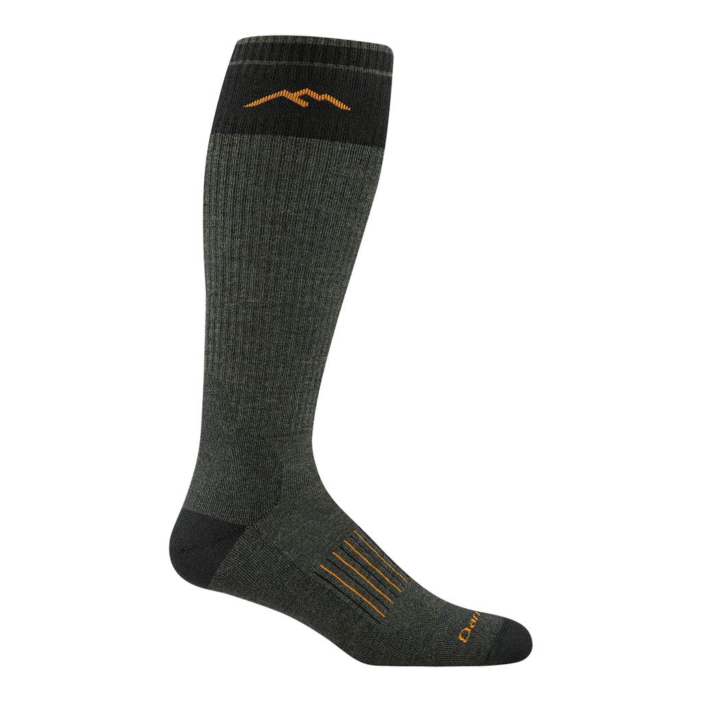 A single dark gray ribbed knee-high sock with black toe, heel, and cuff sections, featuring an orange mountain logo near the top and three orange stripes on the foot, shown on a plain white background.