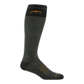 A single dark gray ribbed knee-high sock with black toe, heel, and cuff sections, featuring an orange mountain logo near the top and three orange stripes on the foot, shown on a plain white background.