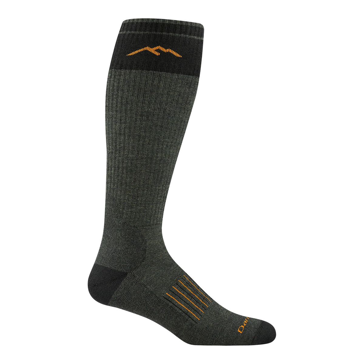A single dark gray ribbed knee-high sock with black toe, heel, and cuff sections, featuring an orange mountain logo near the top and three orange stripes on the foot, shown on a plain white background.