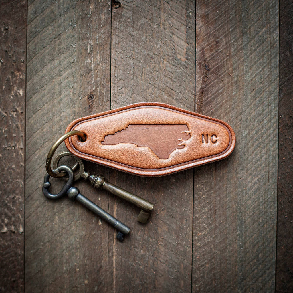North Carolina State Silhouette Leather Keychain Motel Style
