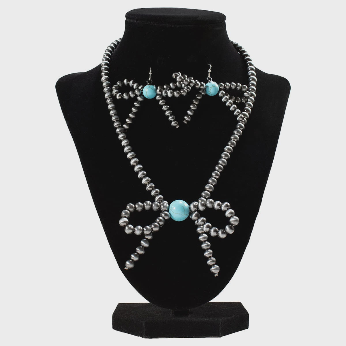 Grey Beaded Bow Necklace and Earring Set