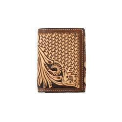 3D Mens Trifold  Wallet Tooled Floral Basketweave Tan