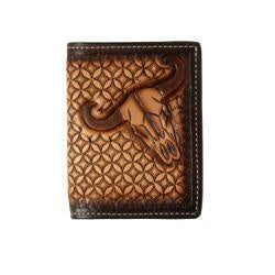Trifold Wallet Tooled Stained Edge Cow Skull Brown