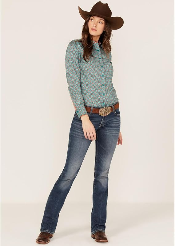 WOMENS CINCH TURQUOISE & ORANGE BLOUSE