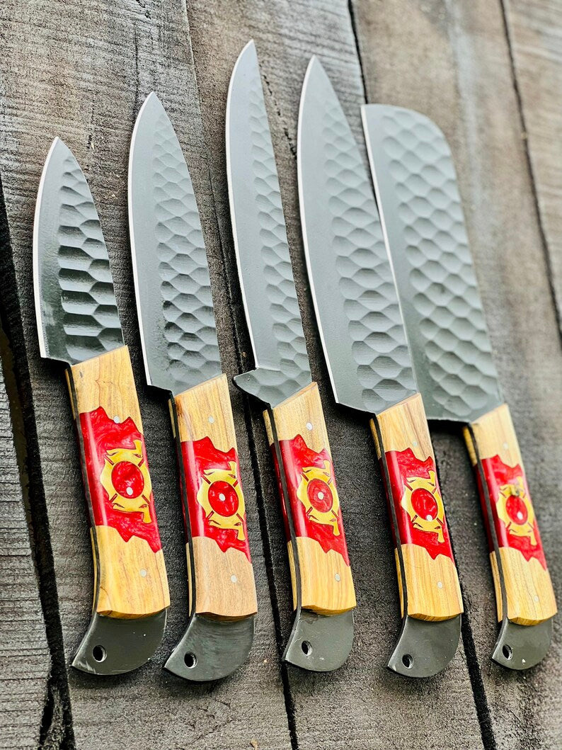 Stainless Steel Knife Set 13" – Forged Blades with Olivewood & Epoxy Handles + Leather Sheath