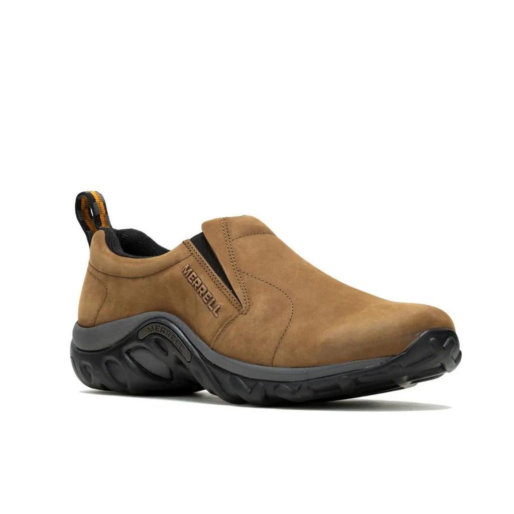 Merrell slip-on work shoe in tan suede with a black and gray sole, shown on a white background.