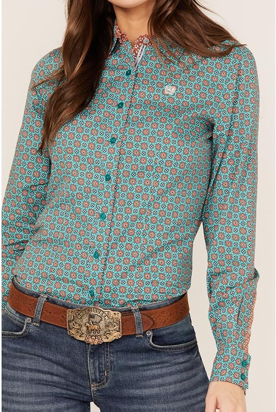 WOMENS CINCH TURQUOISE & ORANGE BLOUSE