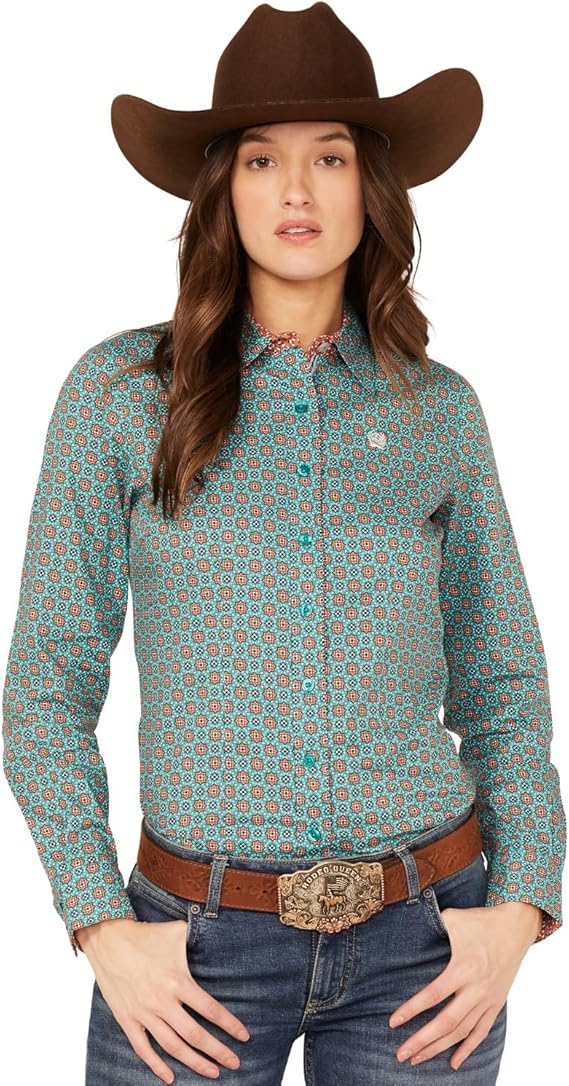 WOMENS CINCH TURQUOISE & ORANGE BLOUSE