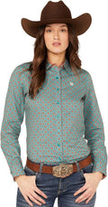 WOMENS CINCH TURQUOISE & ORANGE BLOUSE