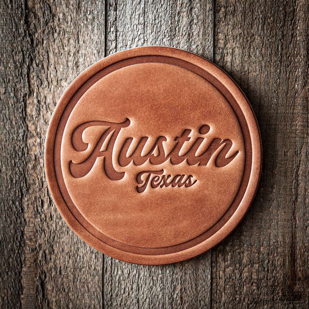 Austin Texas Script Leather Coaster