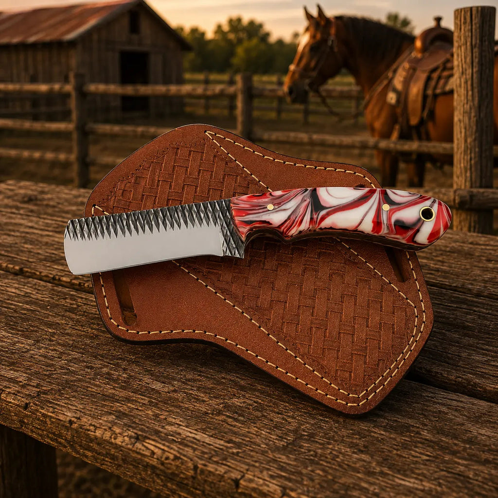 Ironcrest Bull Cutter Knife – Rasp Steel, Resin Handle & Leather Sheath