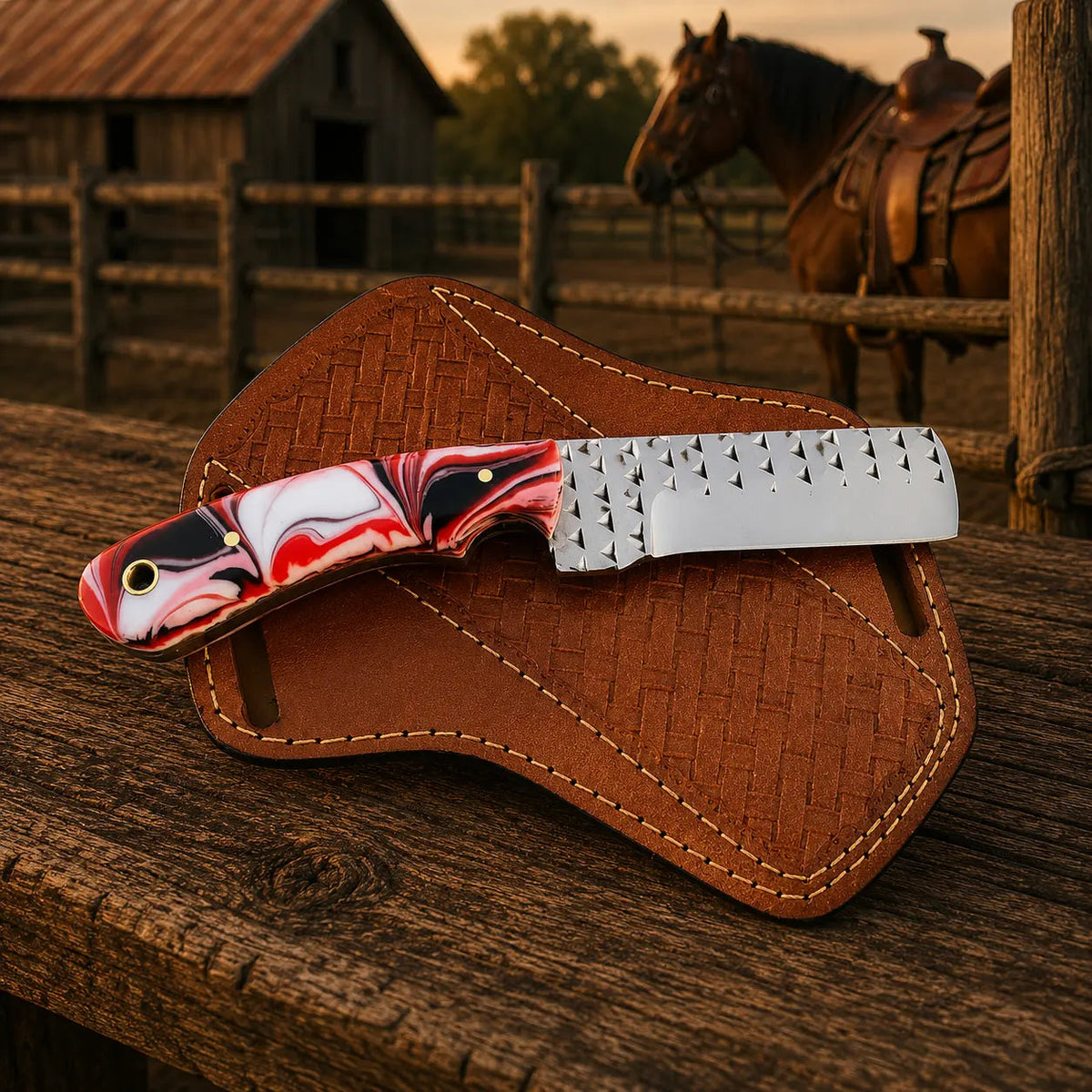 Ironcrest Bull Cutter Knife – Rasp Steel, Resin Handle & Leather Sheath