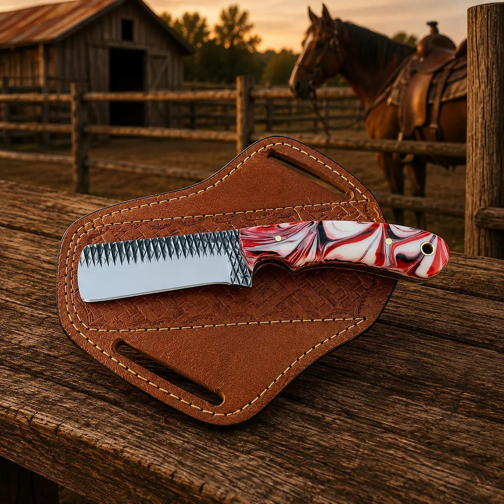 Ironcrest Bull Cutter Knife – Rasp Steel, Resin Handle & Leather Sheath