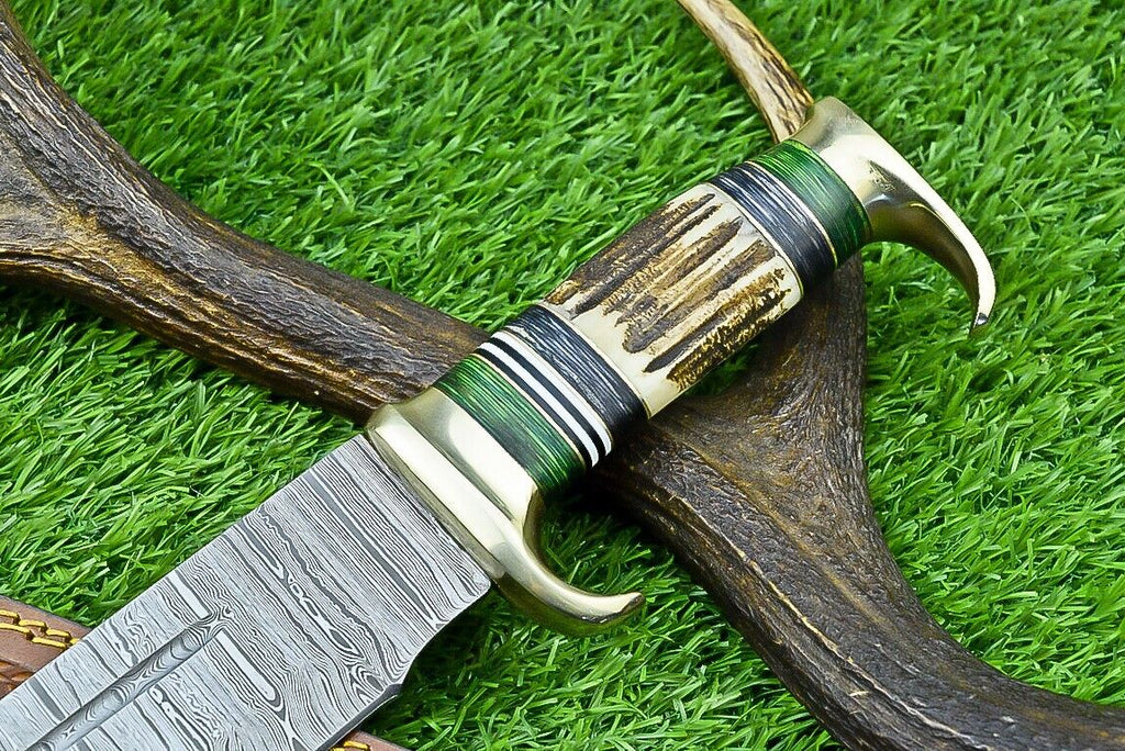 Custom Handmade Damascus Steel Bowie Knife with Stag Horn Handle – 16" Blade with Leather Sheath