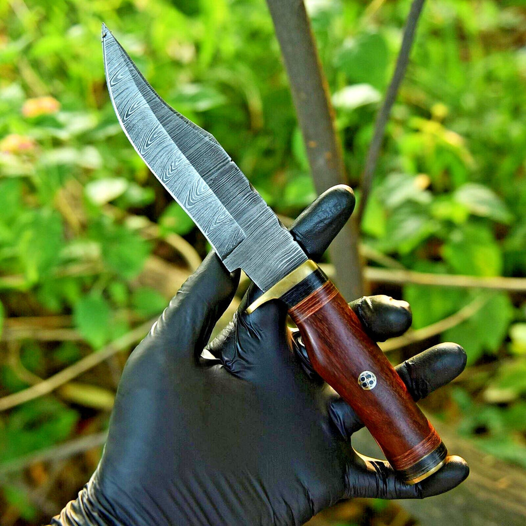 Damascus Steel Hunting Knife – 10" Blade with Brass Guard & Resin Pakkawood Handle, Leather Sheath Included