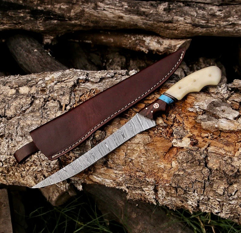 Fishing Fillet & Boning Knife – 13" Damascus Steel with Camel Bone & Rosewood Handle + Leather Sheath