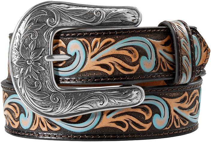 Black with Blue and Tan Scrolling  Leather Belt