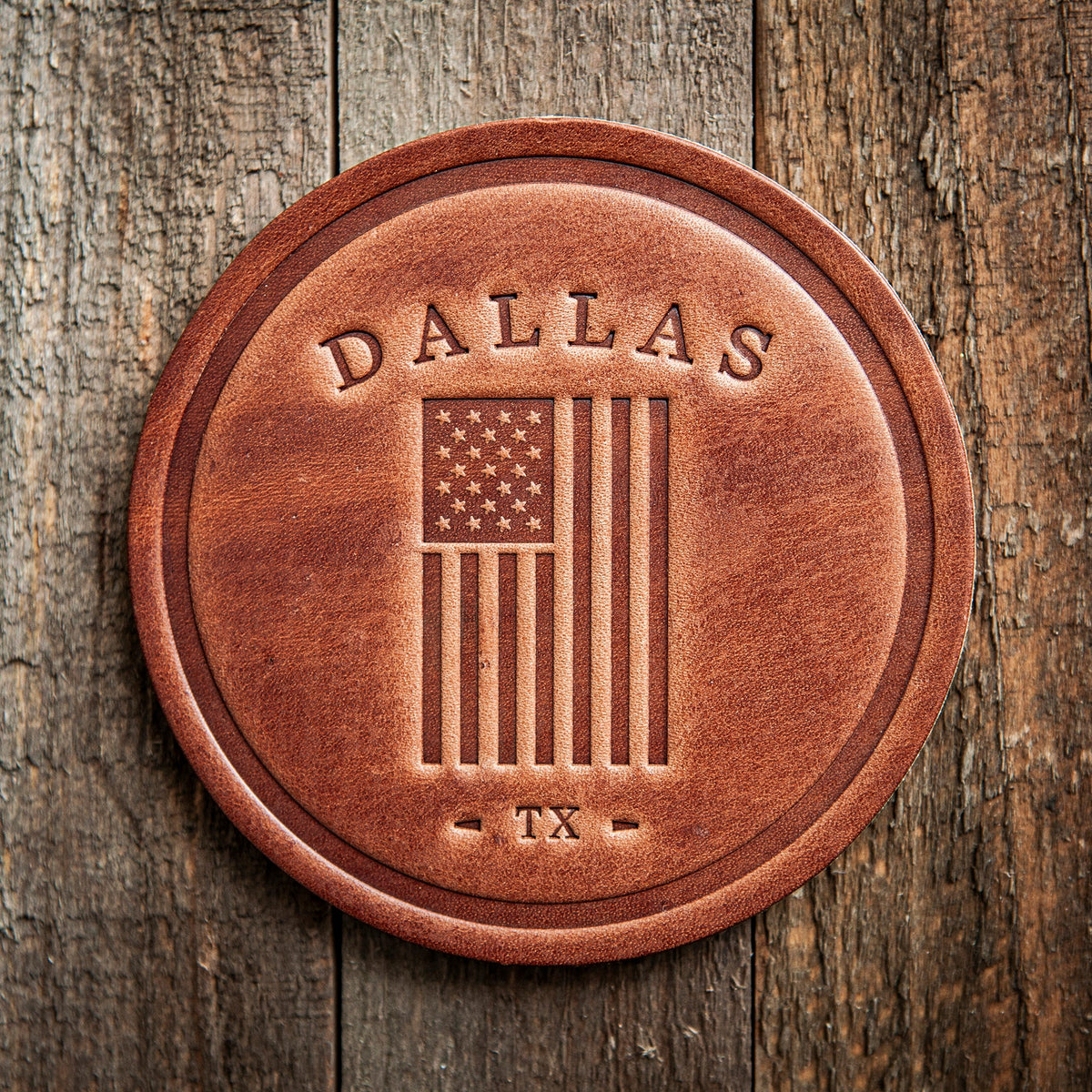 Dallas Texas American Flag Leather Coaster