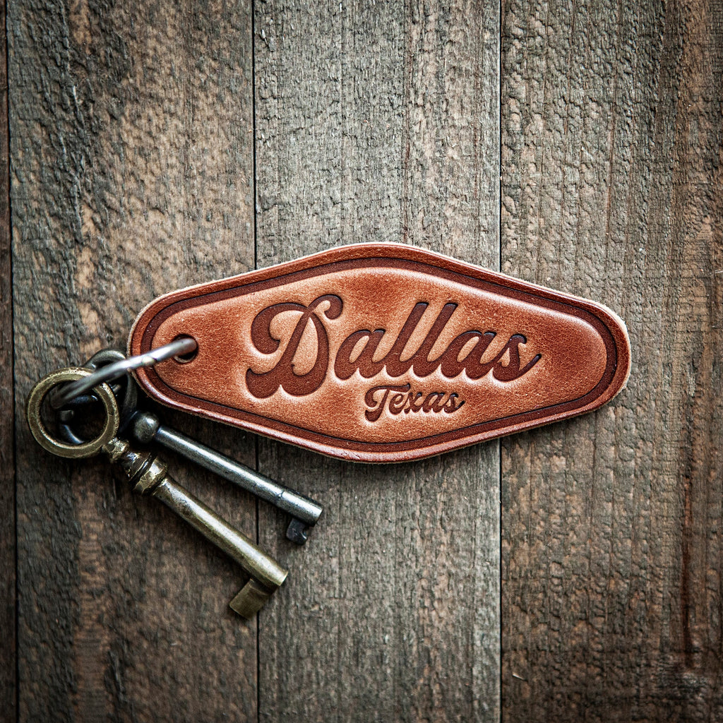 Dallas Texas Script Leather Keychain Motel Style