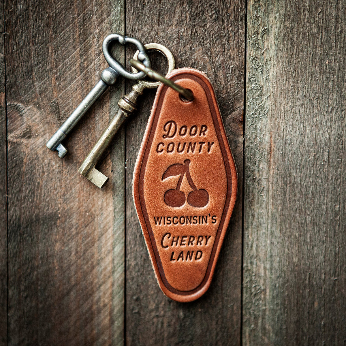 Door County Cherry Land Leather Keychain Motel Style