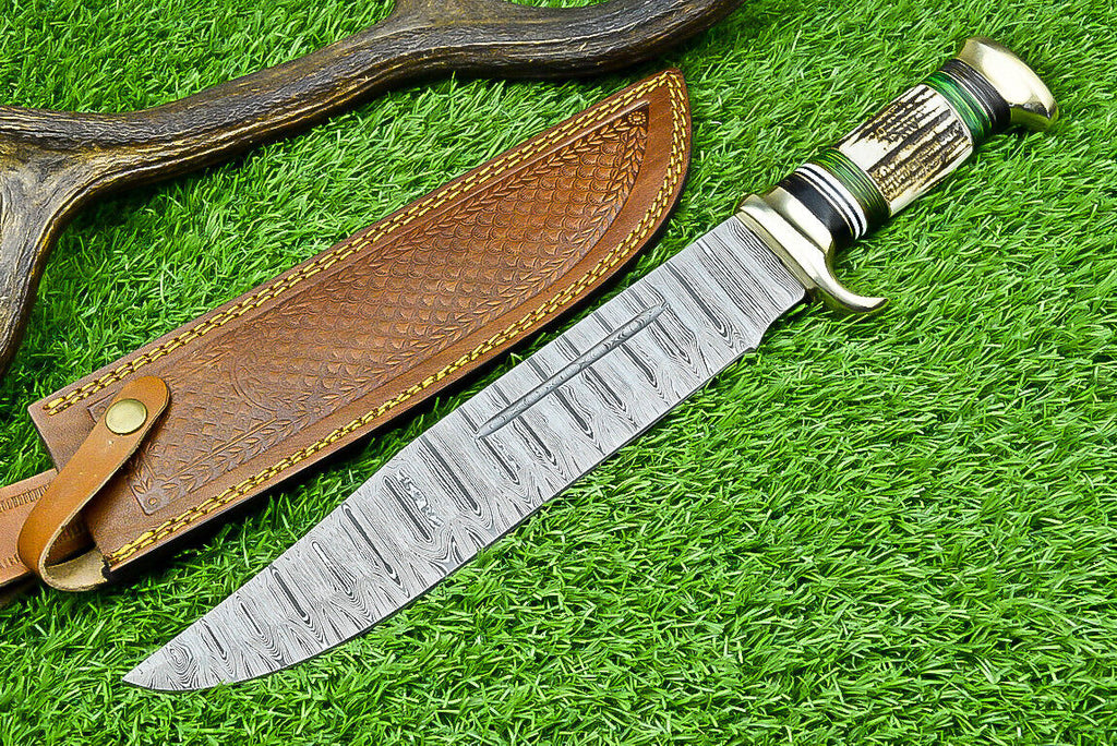 Custom Handmade Damascus Steel Bowie Knife with Stag Horn Handle – 16" Blade with Leather Sheath