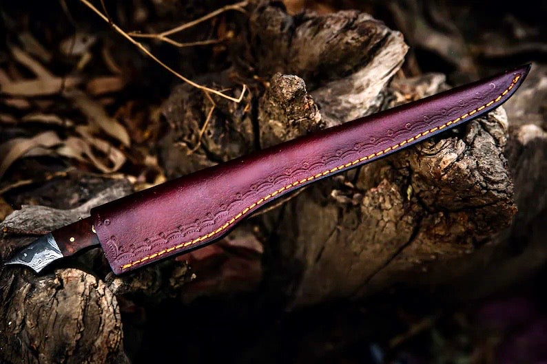 Handmade Damascus Steel Fish Fillet Knife – 13” Rosewood Handle & Leather Sheath