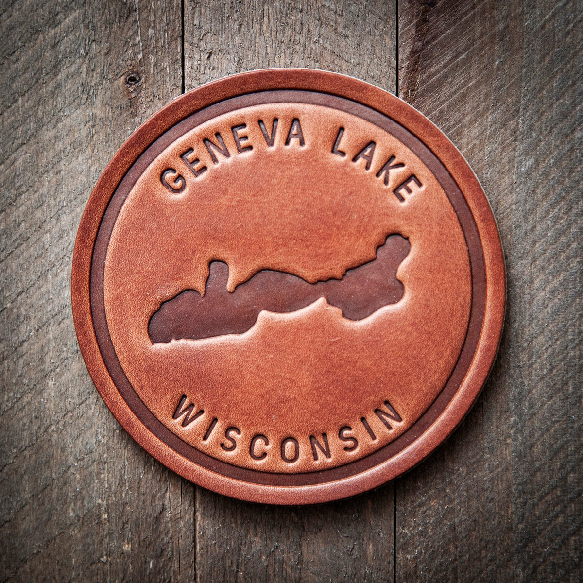 Geneva Lake Silhouette Leather Coaster