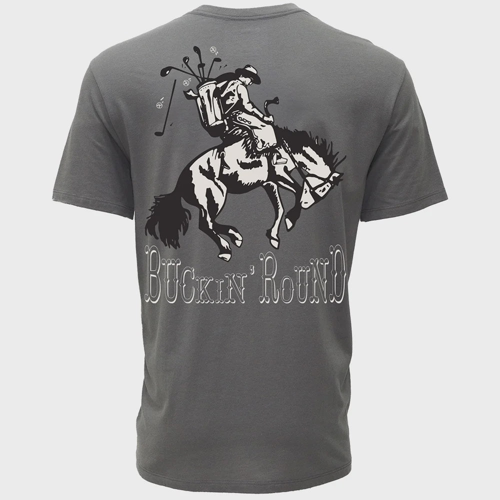 Buckin' Round" Dark Grey Cowboy Golf T-shirt