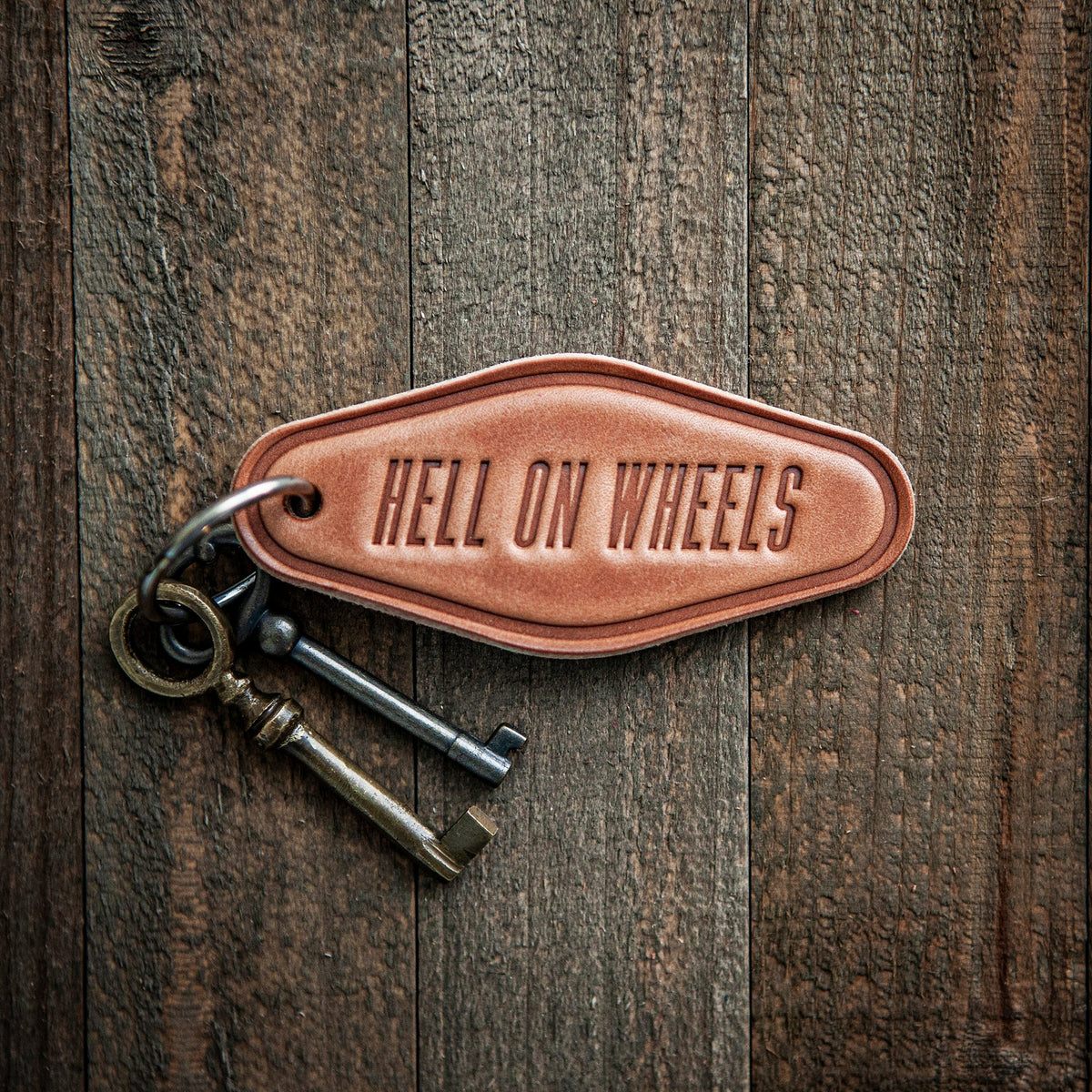 Hell On Wheels Leather Keychain Motel Style