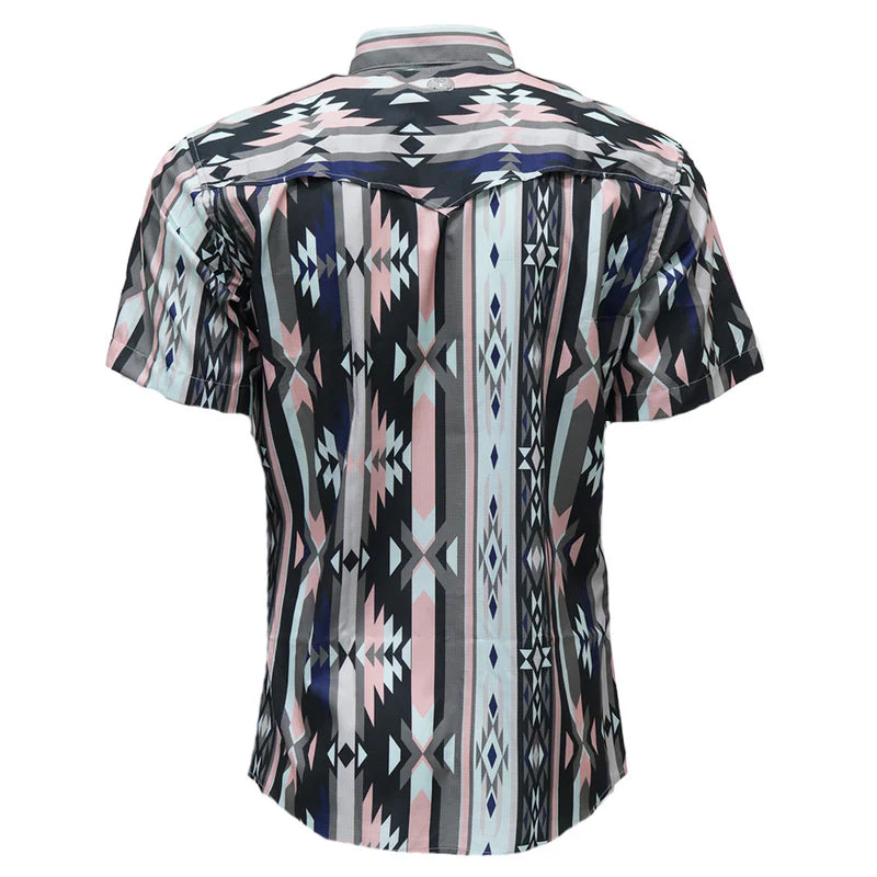 Sol" Short Sleeve Pearl Snap Shirt Pink / Aztec