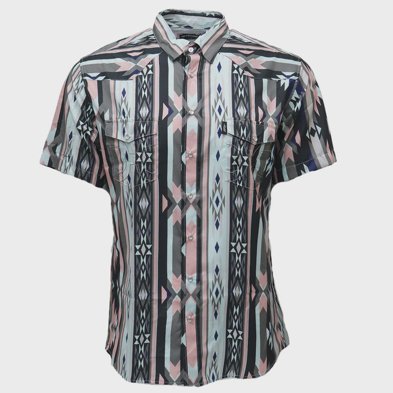 Sol" Short Sleeve Pearl Snap Shirt Pink / Aztec