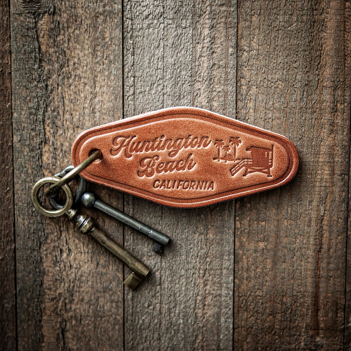 Huntington Beach California Leather Keychain Motel Style